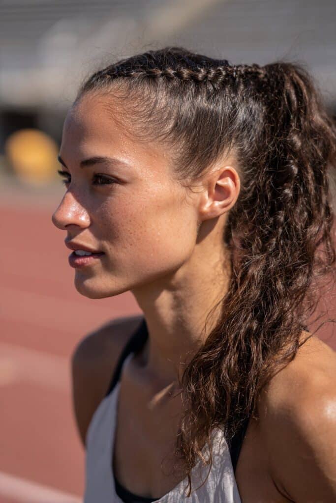 French braid ponytail track day hairstyle
