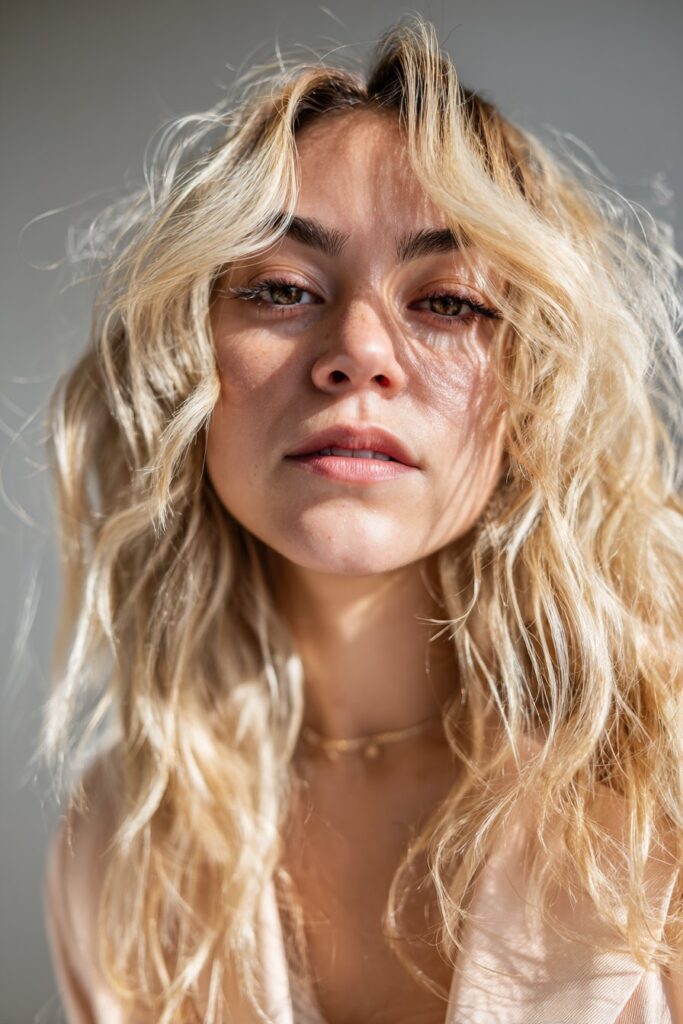 Golden blonde hair with face-framing highlights for hazel eyes