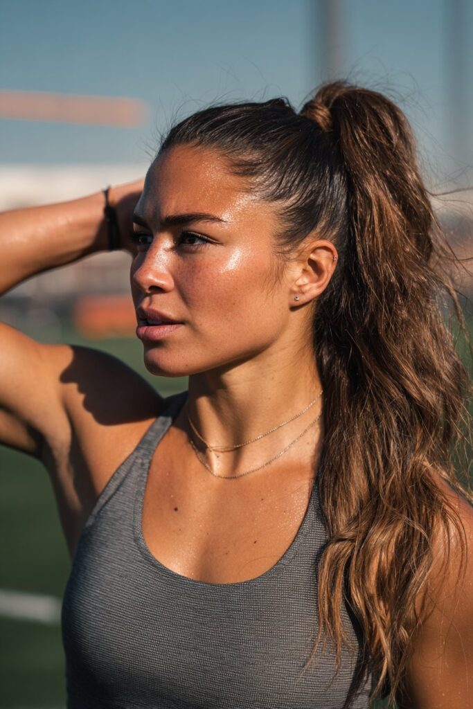 Half-up top knot track day hairstyle