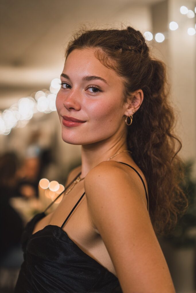 Half-up twisted crown prom hairstyle with teased roots for fine hair