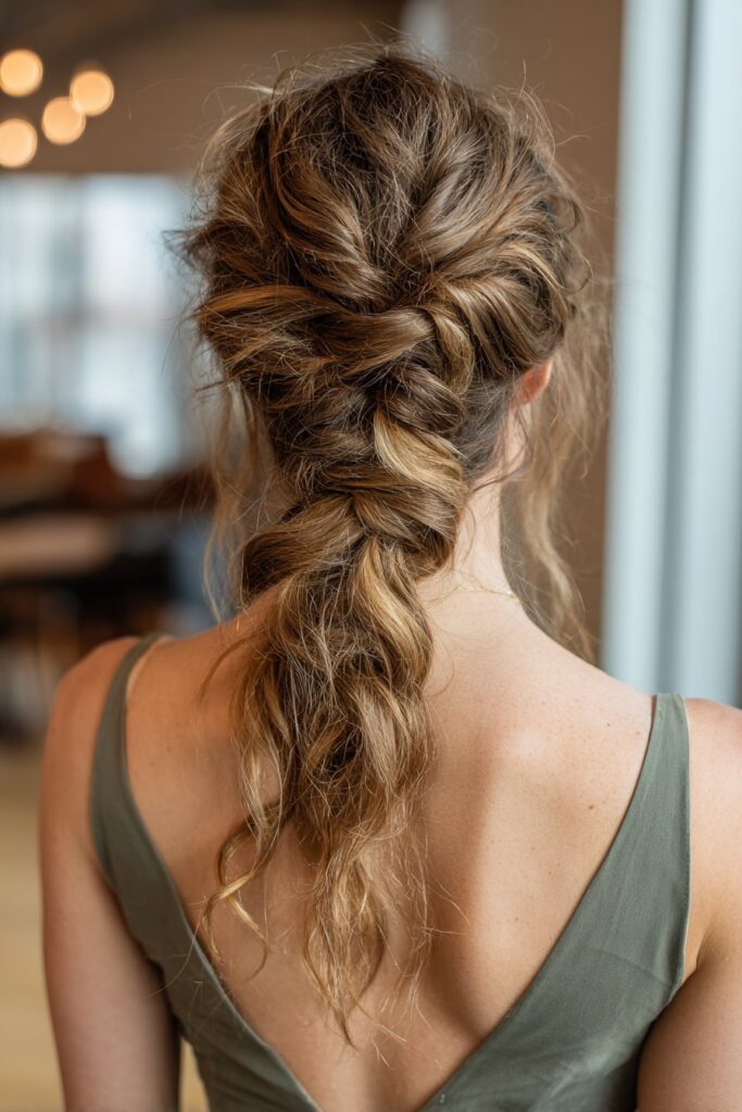 Half-up twisted updo hairstyle for wedding guest