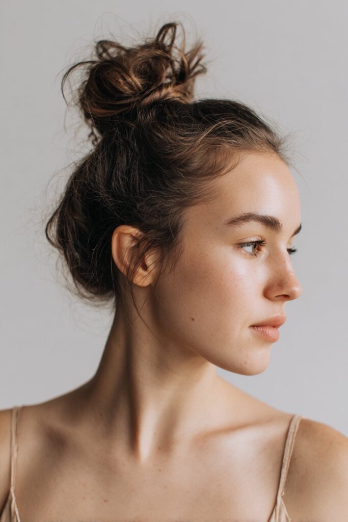 High ballerina bun updo hairstyle for wedding guest