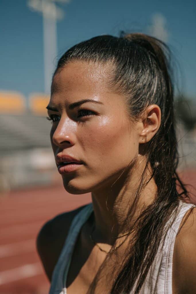 High slicked-back ponytail track day hairstyle