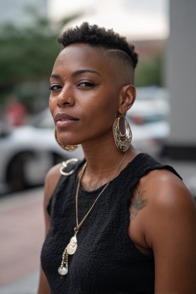 High top fade with design for Black women, trendy short haircut