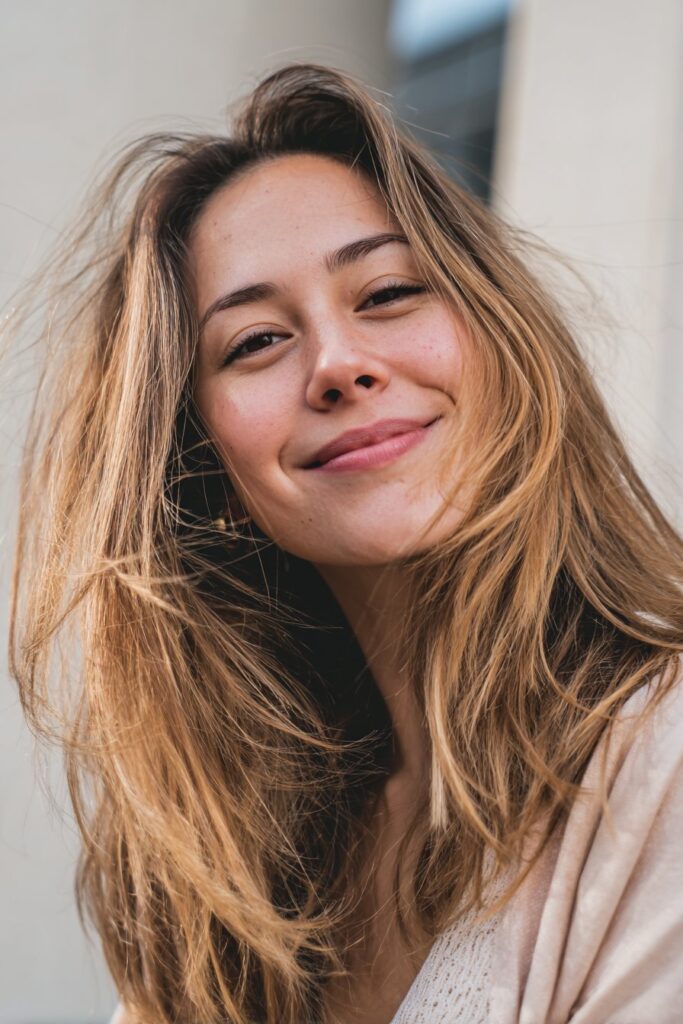 Honey blonde tiger eye hair on light brunette base