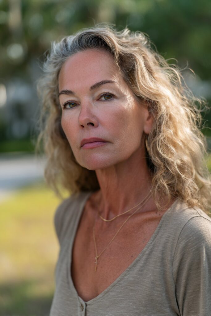 Long defined curls with layers for women over 40