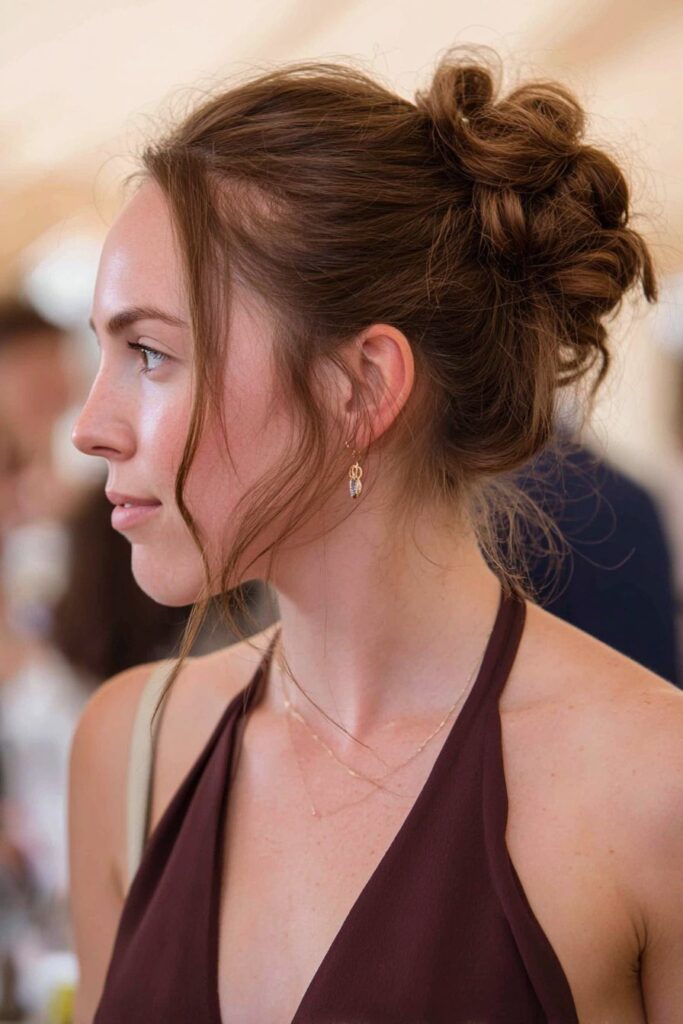 Looped bun updo hairstyle for wedding guest with accessories