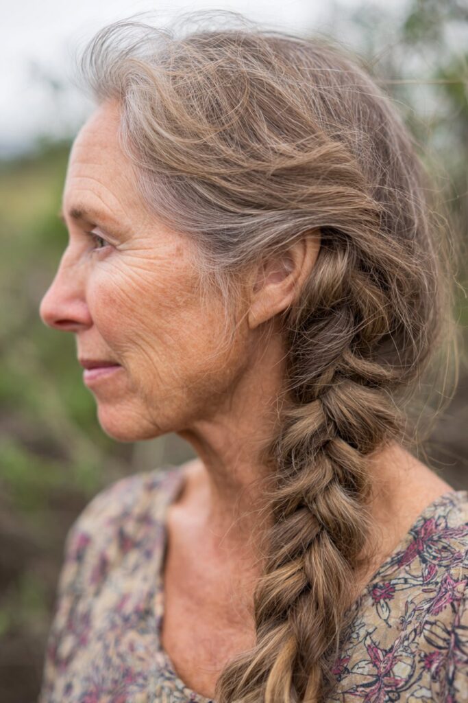 Loose side braid easy hairstyle for older women with long hair