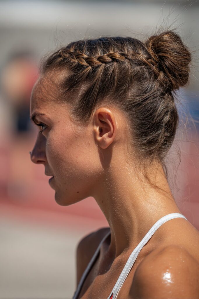 Low braided bun track day hairstyle