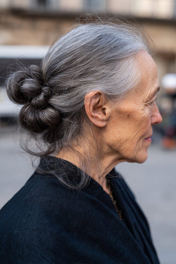 Low chignon bun easy hairstyle for older women with long hair