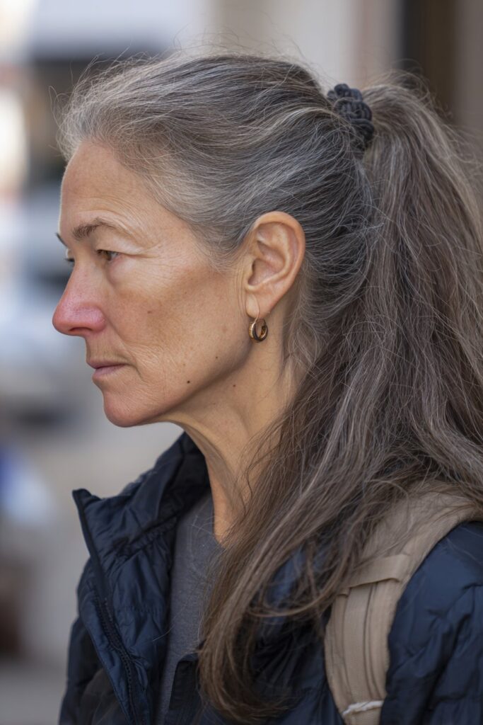 Low ponytail with volume easy hairstyle for older women with long hair