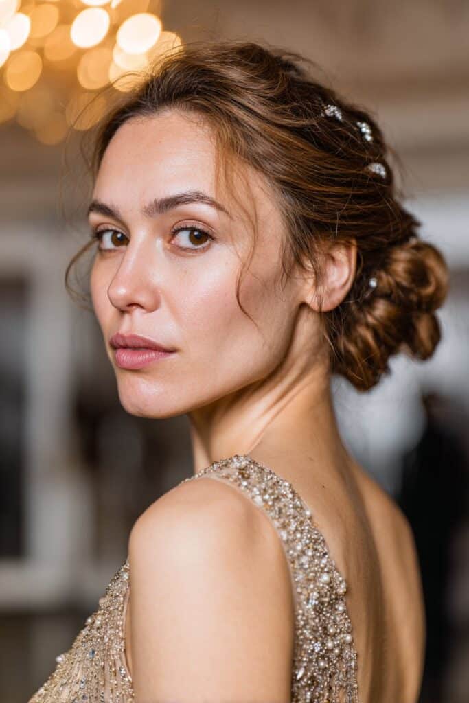 Low twisted prom updo with decorative hair pins