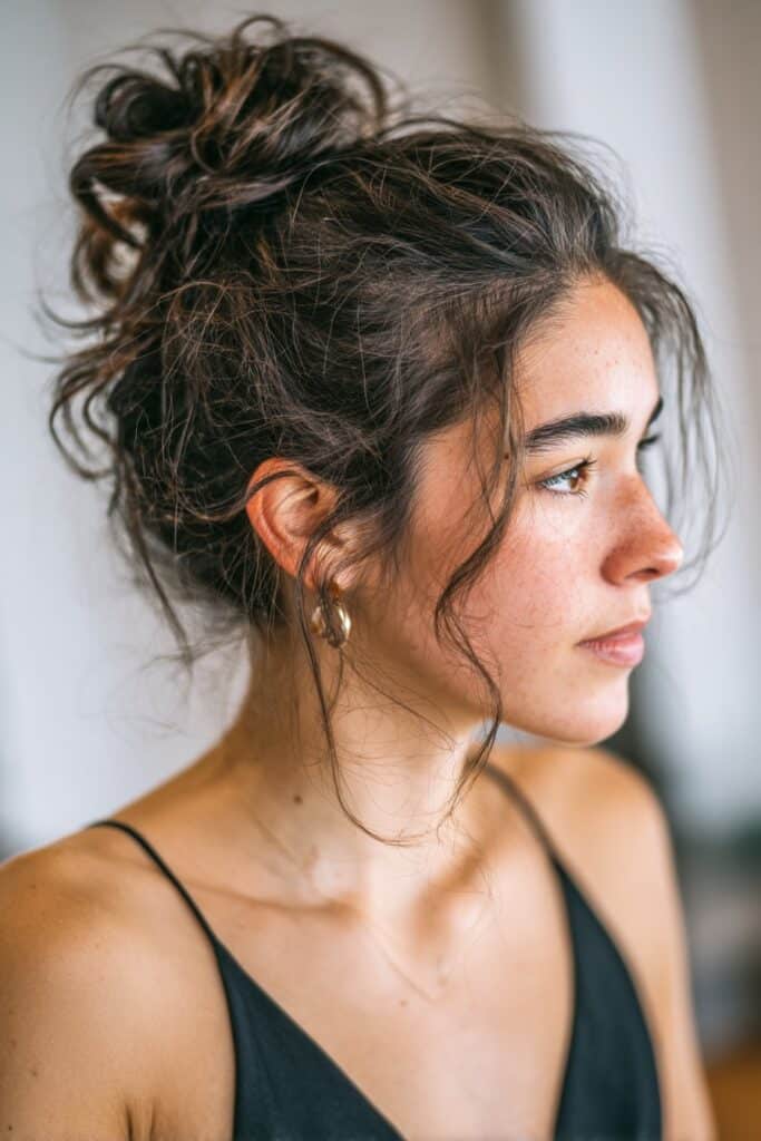 Messy bun updo hairstyle for wedding guest with face-framing strands