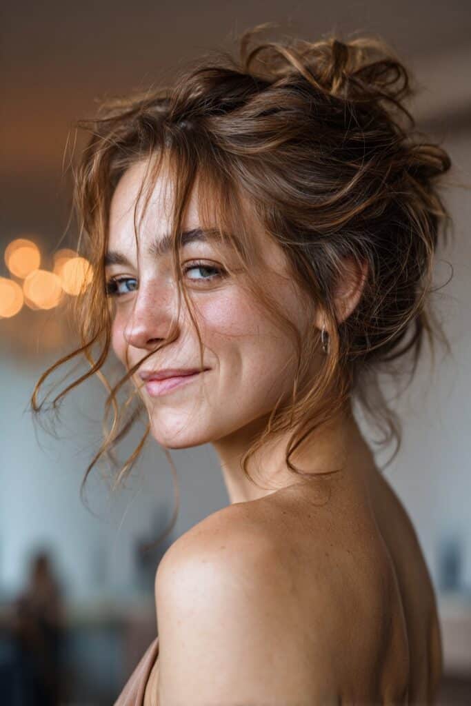 Messy textured prom updo with face-framing tendrils