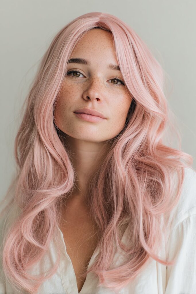 Pastel pink long wavy wig hairstyle
