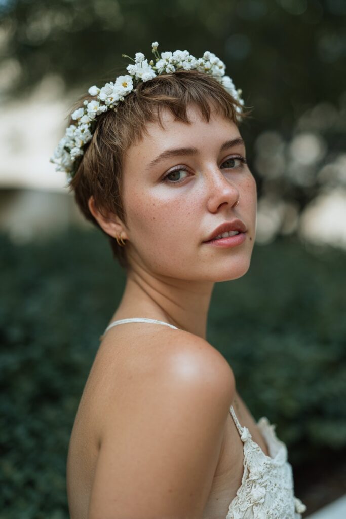 Pixie cut with floral headband engagement hairstyle for short hair