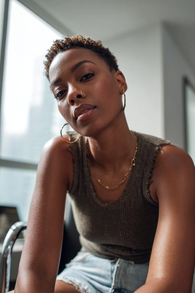 Razor cut with color for Black women, short edgy hairstyle