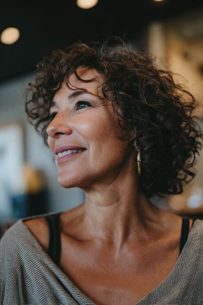 Short curly bob with volume hairstyle for women over 40