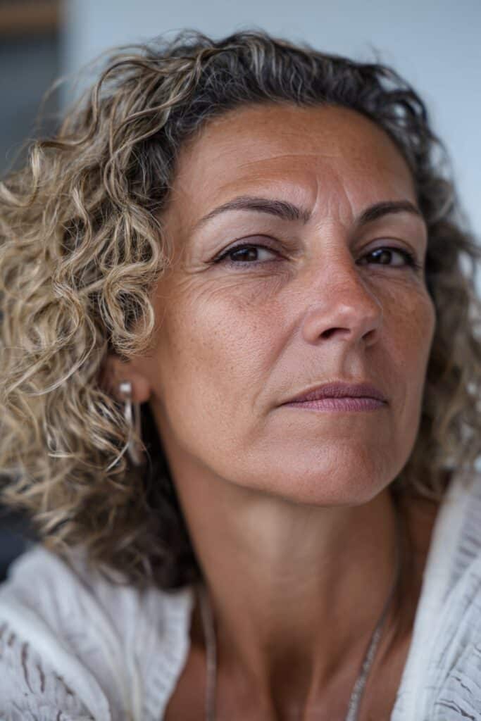 Short curly cut with grey blending for women over 40