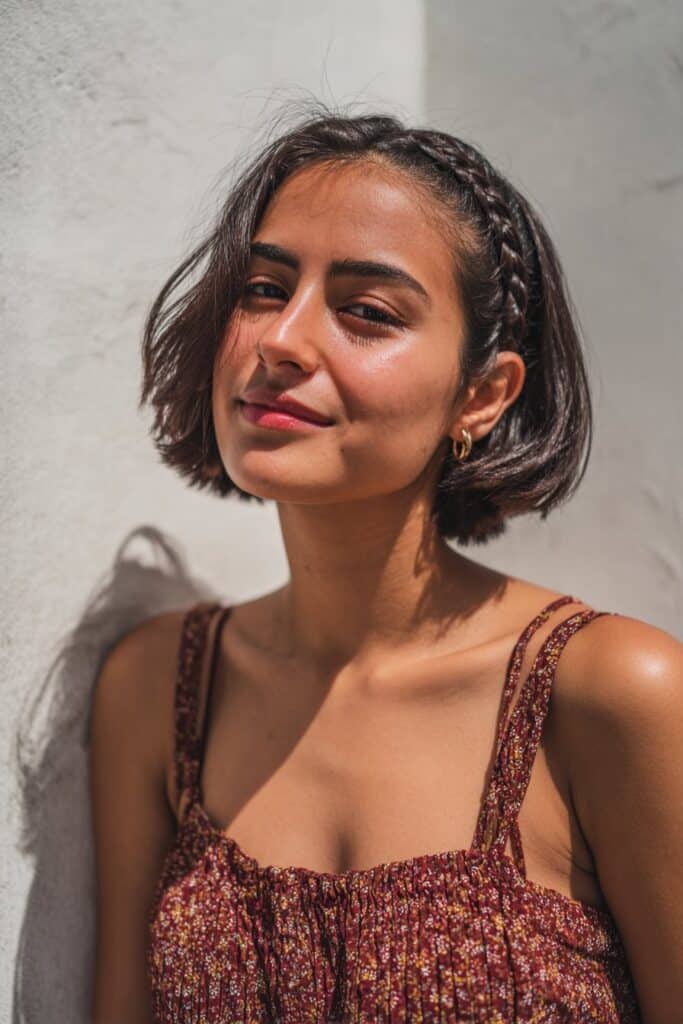 Short hair with braided accent engagement hairstyle