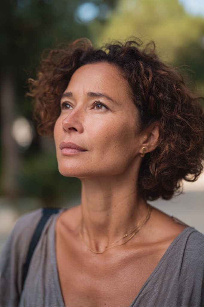 Shoulder-length natural curls with highlights for women over 40