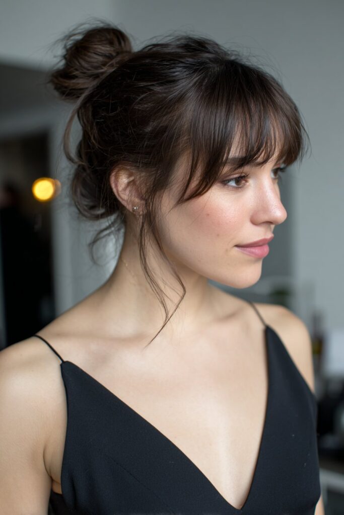 Side-swept bun updo hairstyle for wedding guest with bangs