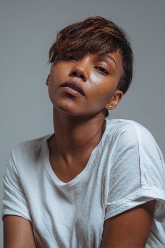 Side-swept pixie haircut for Black women, stylish short haircut