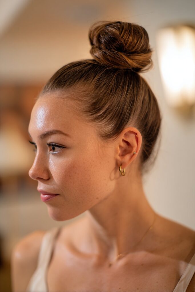 Sleek ballerina bun prom updo hairstyle