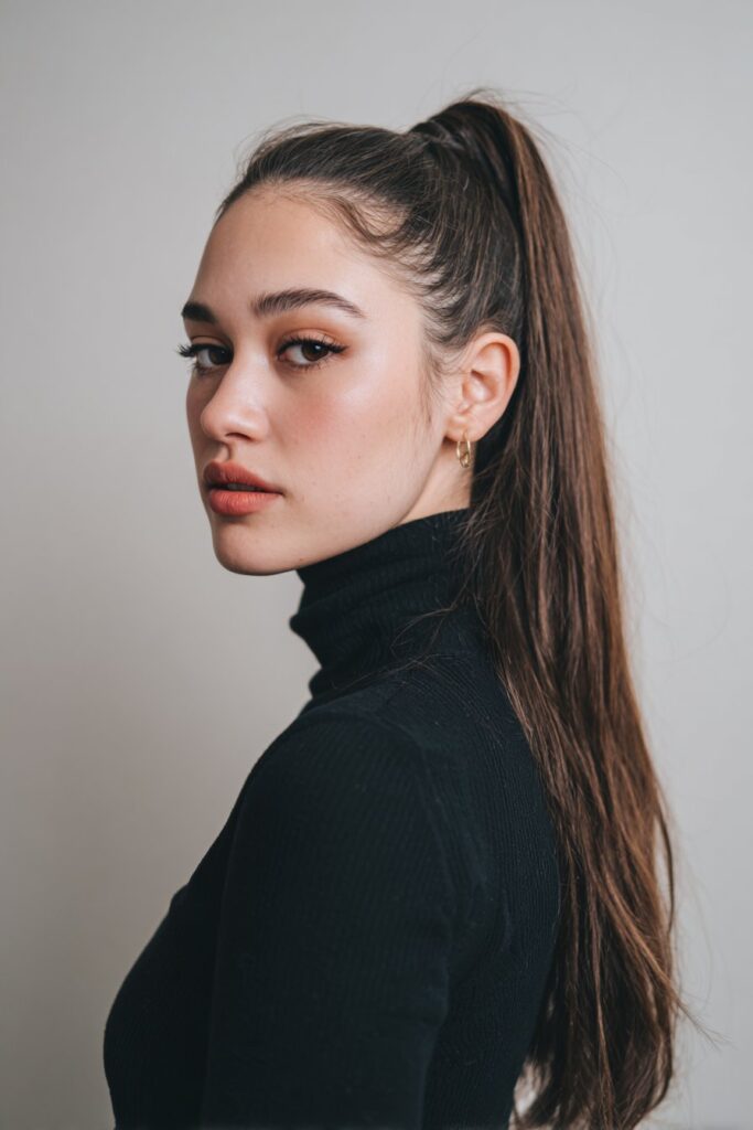 Sleek high ponytail formal prom hairstyle with smooth shine