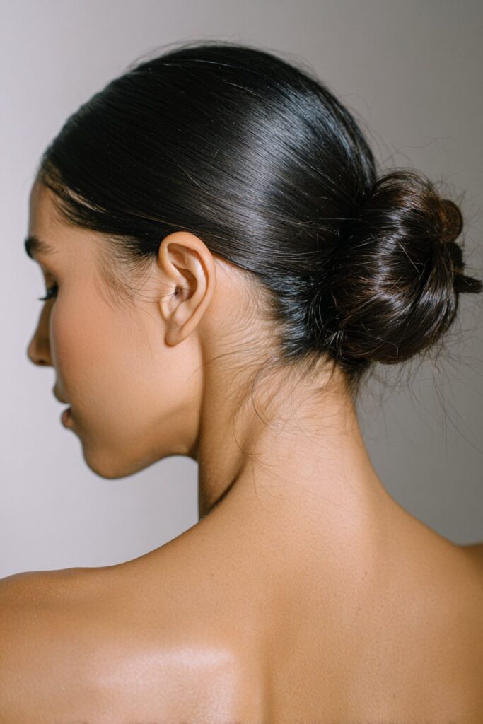 Sleek low bun updo hairstyle for wedding guest