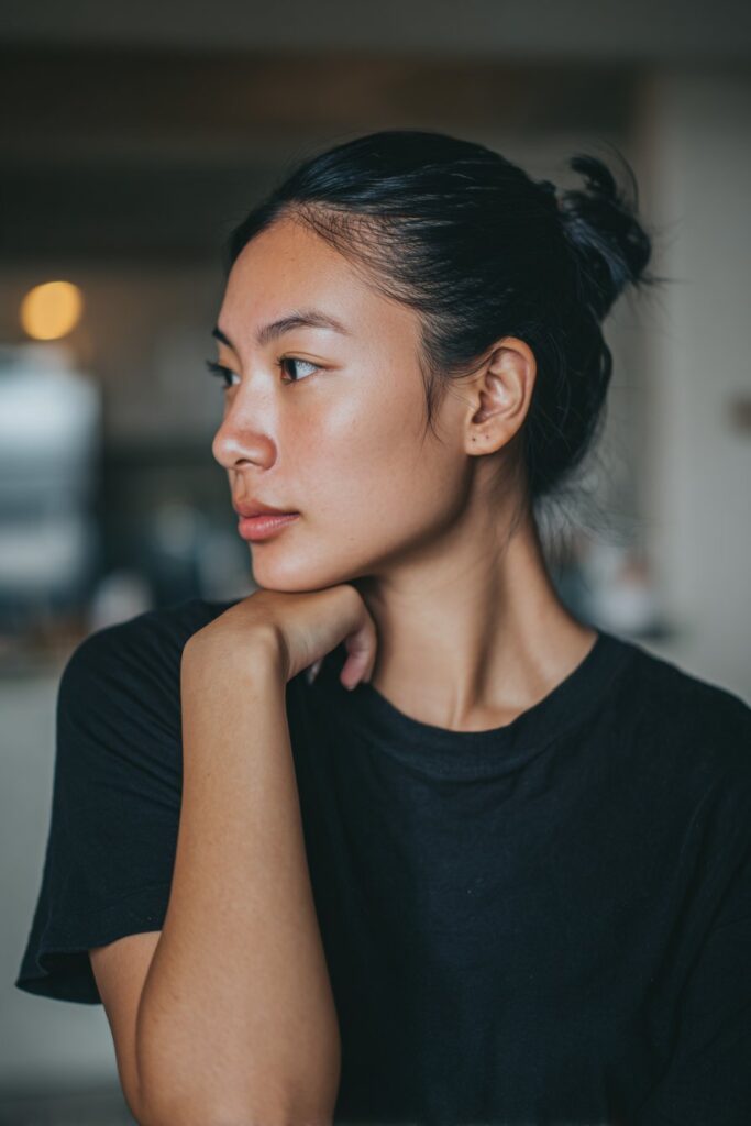 Sleek low bun engagement hairstyle for short hair