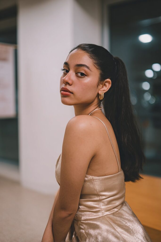 Sleek low ponytail formal prom hairstyle with clean lines