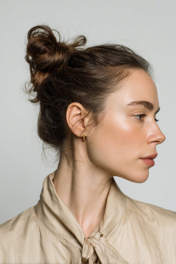 Slicked-back midi knot updo hairstyle for wedding guest