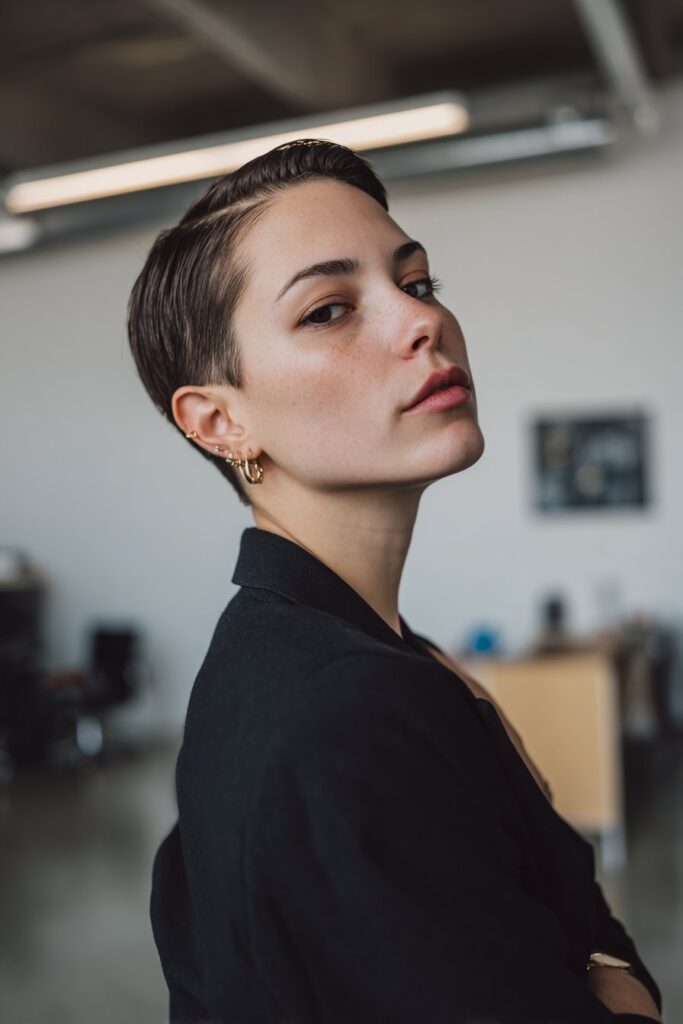 Slicked-back pixie engagement hairstyle for short hair