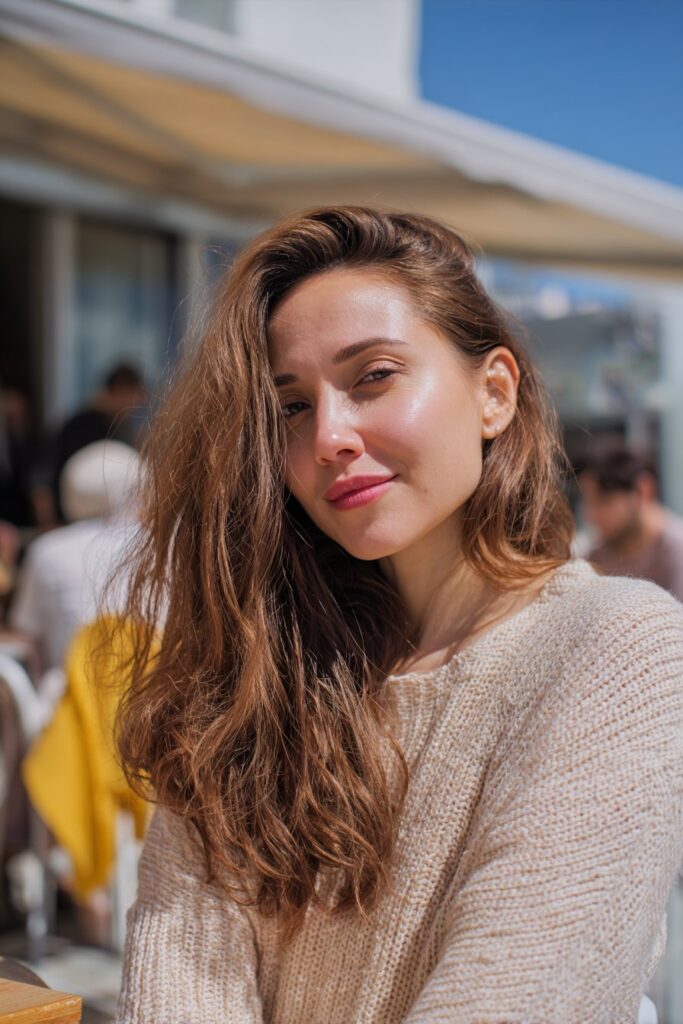 Soft caramel brunette hair color with subtle highlights