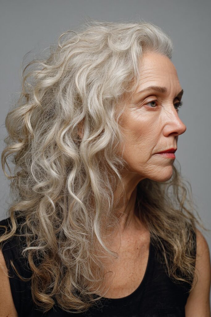 Soft curls with side part easy hairstyle for older women with long hair