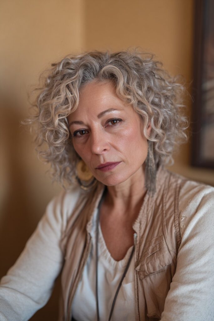 Soft curly pixie with side-swept bangs for women over 40