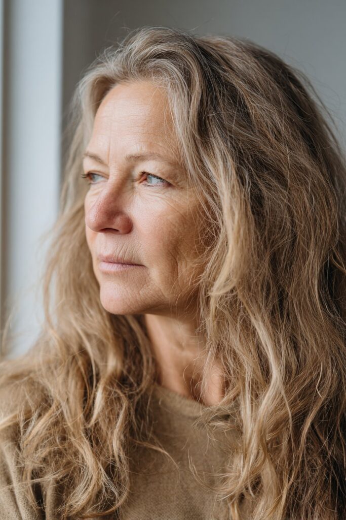 Soft layered waves hairstyle for older women with long hair