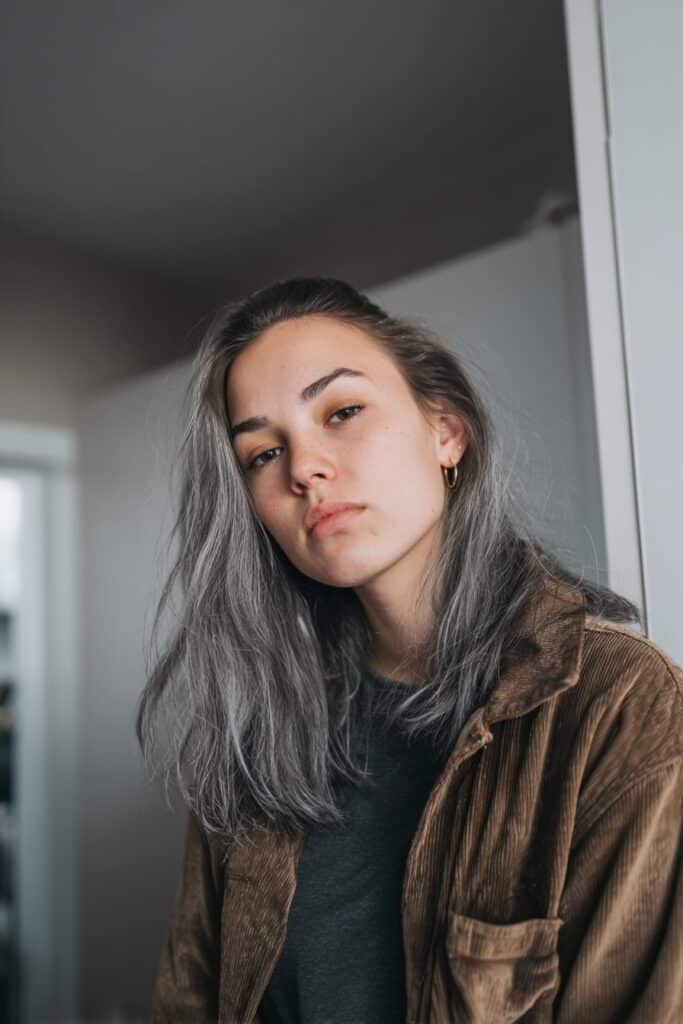 Steel gray lowlights for gray hair monochrome look