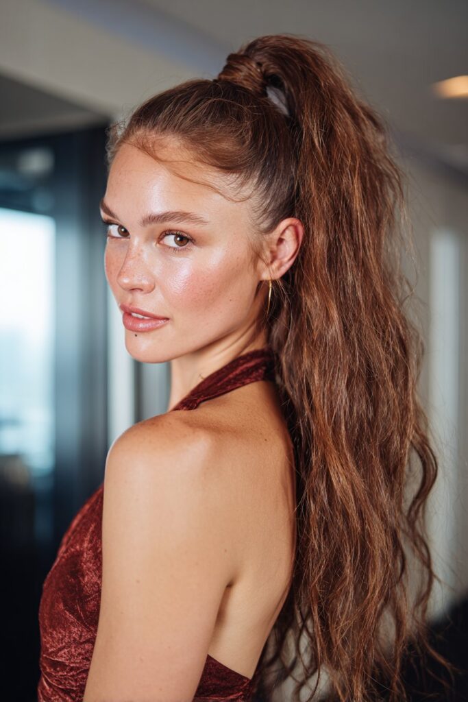 Textured high ponytail with wrapped base for long fine hair prom look