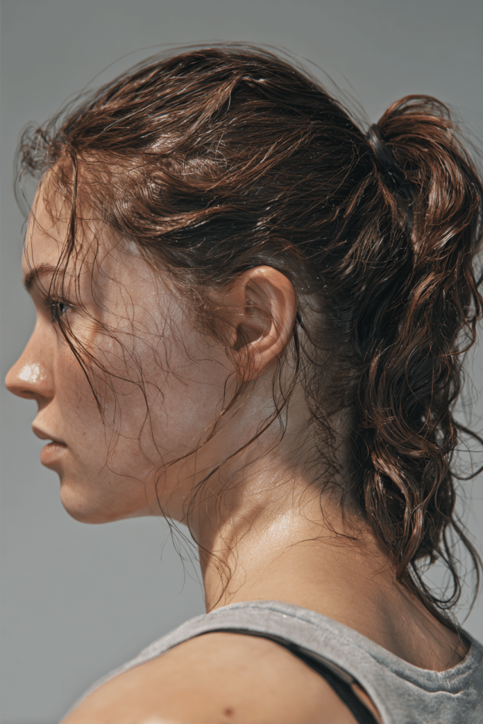 Textured low ponytail sweat proof hairstyle