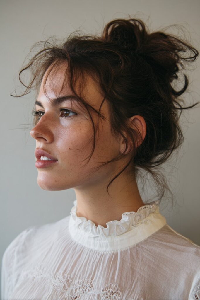 Textured ponytail updo hairstyle for wedding guest