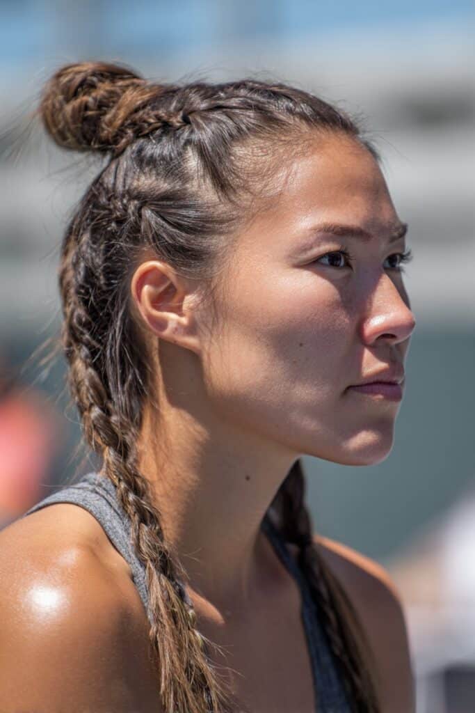 Top knot with braided base tennis hairstyle