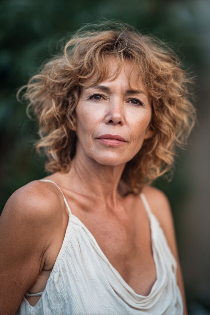 Tousled curly lob with face-framing layers for women over 40