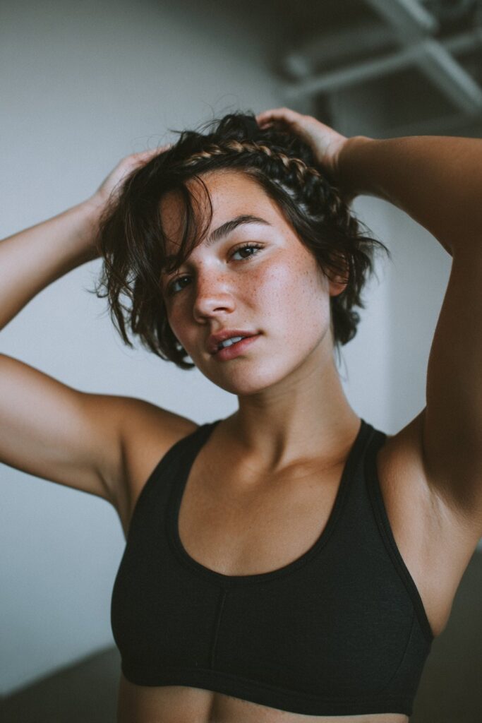 Twisted crown gym hairstyle for short hair