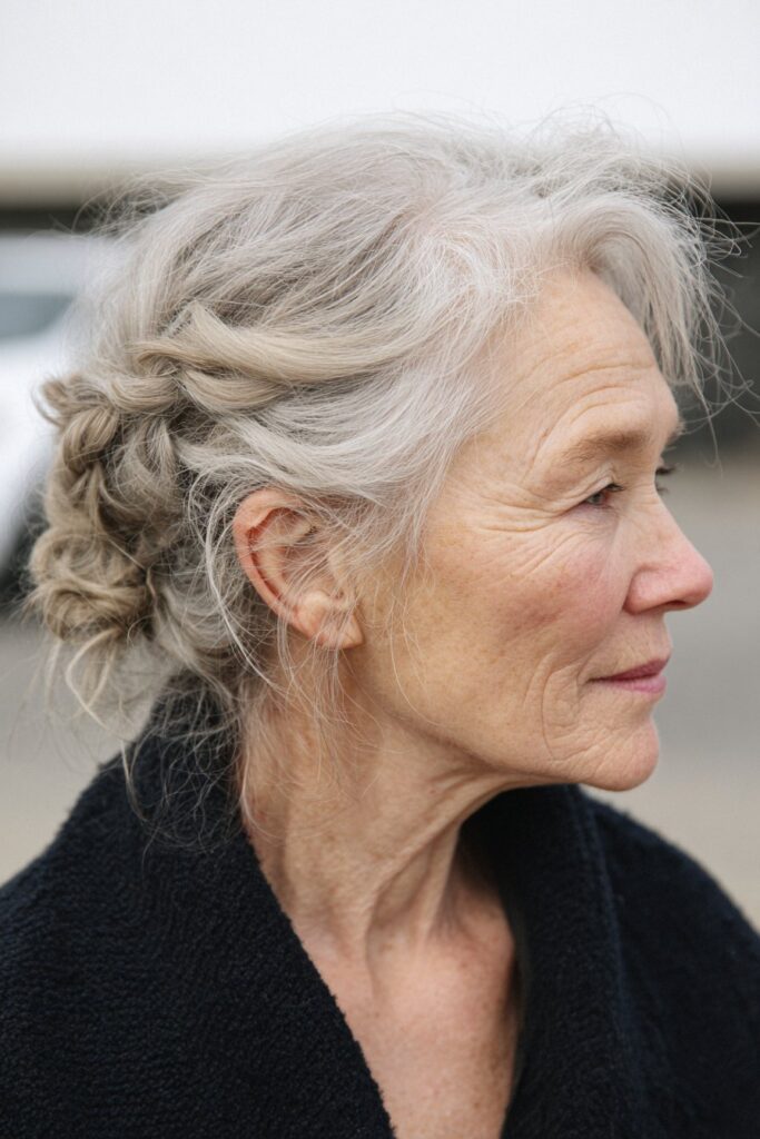 Twisted crown easy hairstyle for older women with long hair