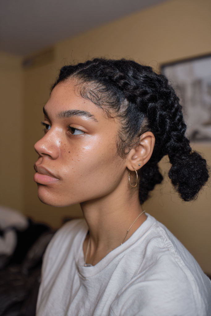 Twisted crown sweat proof hairstyle