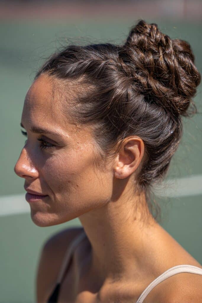 Twisted low bun tennis hairstyle for long hair