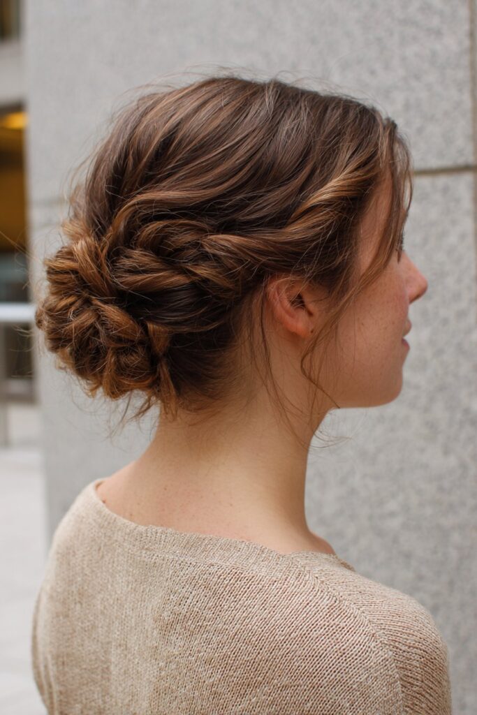 Twisted low knot updo hairstyle for wedding guest