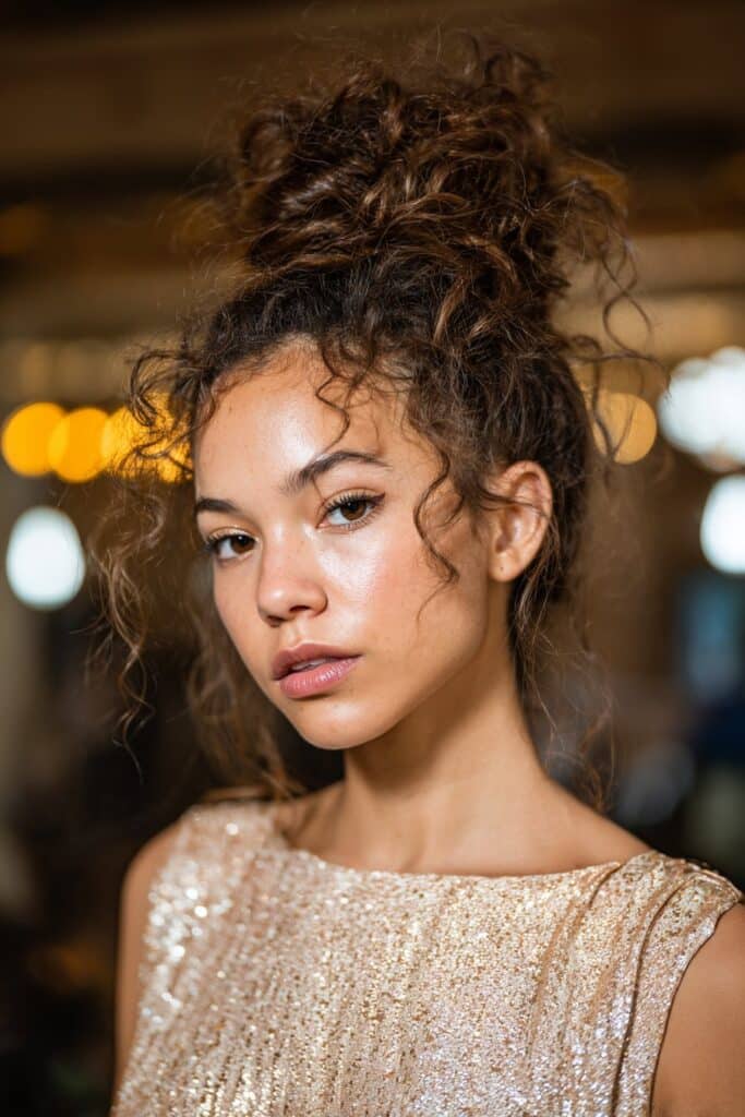 Voluminous high bun updo with textured finish for prom"